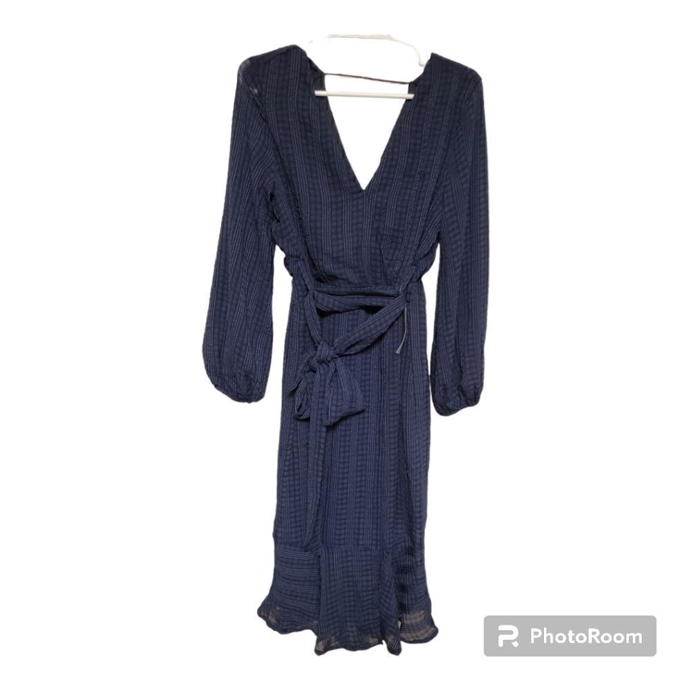 NSR Navy Faux Wrap Textured Midi Dress Small
